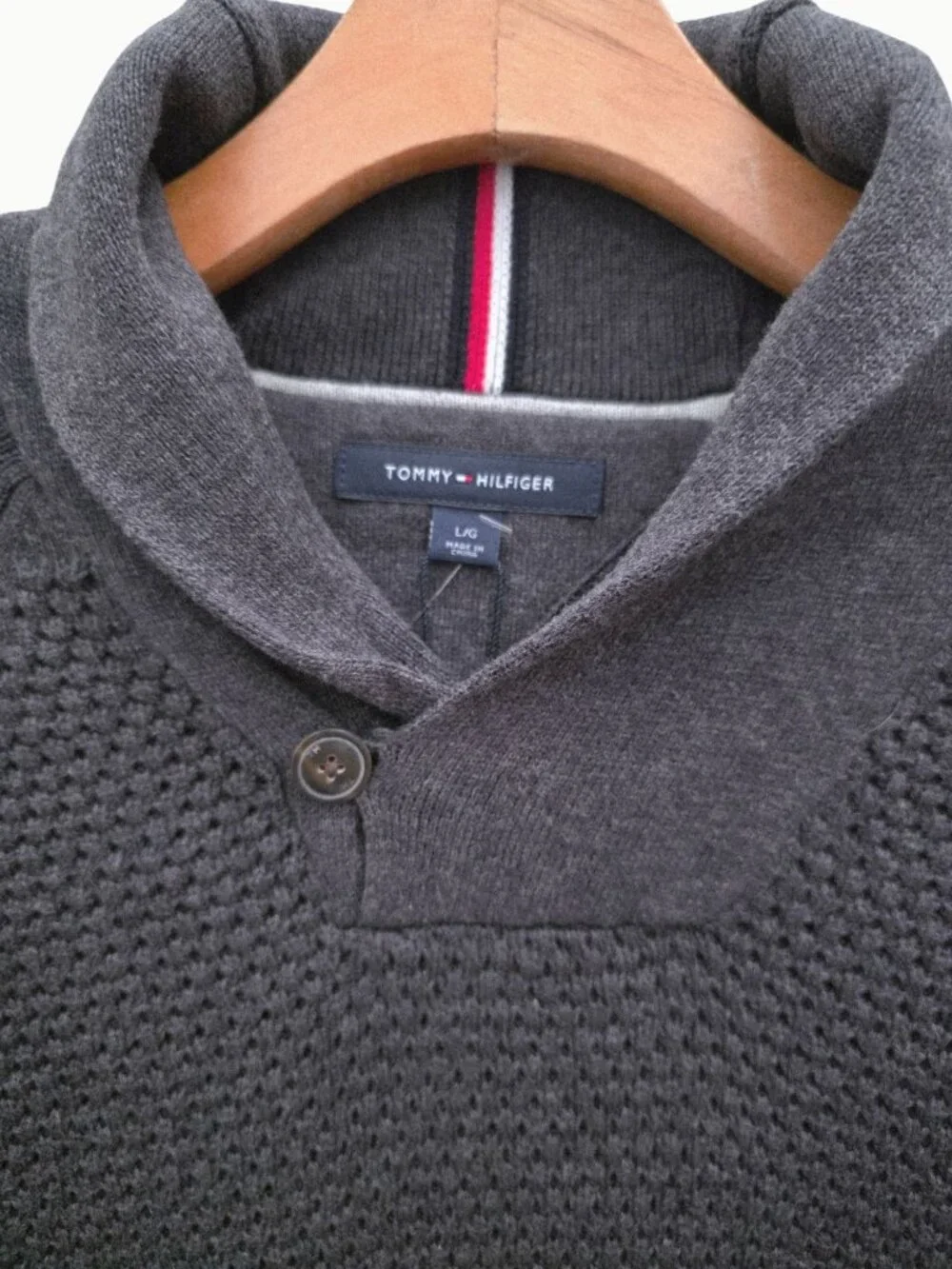 Tommy Hilfiger Waffle Knit Shawl-Collar Pullover Cotton Sweater Gray Men's Sz L